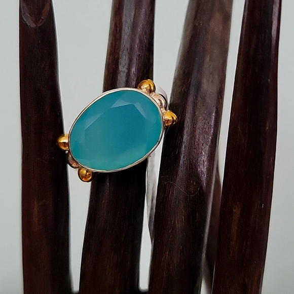 Jewelry - Aqua Chalcedony Sterling Silver and Brass Gemstone Ring